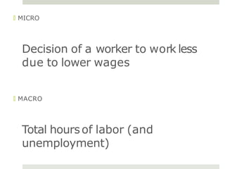 🞑 MICRO
Decision of a worker to work less
due to lower wages
🞑 MACRO
Total hoursof labor (and
unemployment)
 