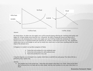Answer:
See sketch above. In either year, the supply curve will be upward sloping reflecting the declining land quality and
higher AC of farms further away from the river. A flood has the effect of taking the lowest cost farms out of
production so the minimum price to elicit some supply now rises $2.00 per bushel (the minimum AC of farms
closest to the river) to $4.00 per bushel (the minimum AC of farms 2 miles back from the river. The equilibrium
market price rises as well though we can't say by exactly how much since we don't know anything about the exact
shape of the demand curve.
b) Suppose we wanted to set up three categories of farms:
 Farms that only produced in even numbered years
 Farms that only produced in odd numbered years
 Farms that produced in every year
Using the diagrams you developed in (a), explain which farms would fall into each group. If no farms fall into a
particular group, explain why.
Answer:
 The simplest case is the second case – farms that only product when there is no flood - these are the farms
that lie between the river bank and two miles inland and they don't produce in even years when there is a
flood.
No Flood
Flood
$4.00/lb
$/lb of nuts
$2.00/lb
# of lbs of nuts. # of lbs. of nuts
Economics Homework Helper
 