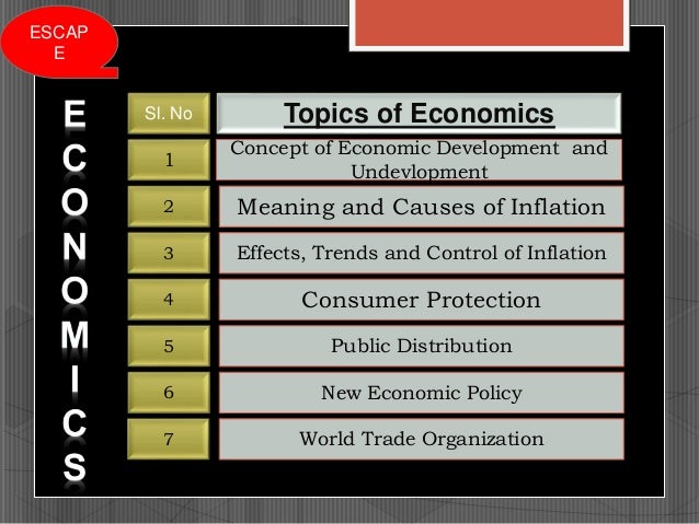 Sl. No Topics of Economics
1
2
3
4
5
Concept of Economic Development and
Undevlopment
Meaning and Causes of Inflation
Effects, Trends and Control of Inflation
Consumer Protection
Public Distribution
ESCAP
E
6 New Economic Policy
7 World Trade Organization
 