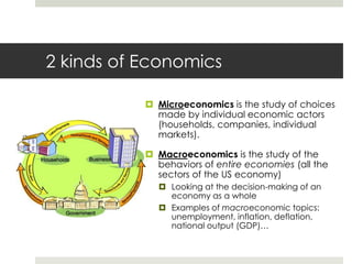2 kinds of Economics

            Microeconomics is the study of choices
             made by individual economic actors
             (households, companies, individual
             markets).

            Macroeconomics is the study of the
             behaviors of entire economies (all the
             sectors of the US economy)
              Looking at the decision-making of an
               economy as a whole
              Examples of macroeconomic topics:
               unemployment, inflation, deflation,
               national output (GDP)…
 