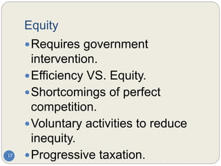 Equity
17
Requires government
intervention.
Efficiency VS. Equity.
Shortcomings of perfect
competition.
Voluntary activities to reduce
inequity.
Progressive taxation.
 