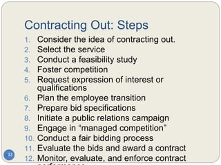 Contracting Out: Steps
1. Consider the idea of contracting out.
2. Select the service
3. Conduct a feasibility study
4. Foster competition
5. Request expression of interest or
qualifications
6. Plan the employee transition
7. Prepare bid specifications
8. Initiate a public relations campaign
9. Engage in “managed competition”
10. Conduct a fair bidding process
11. Evaluate the bids and award a contract
12. Monitor, evaluate, and enforce contract
33
 
