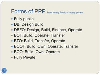 Forms of PPP From mostly Public to mostly private
52
 Fully public
 DB: Design Build
 DBFO: Design, Build, Finance, Operate
 BOT: Build. Operate, Transfer
 BTO: Build, Transfer, Operate
 BOOT: Build, Own, Operate, Transfer
 BOO: Build, Own, Operate
 Fully Private
 