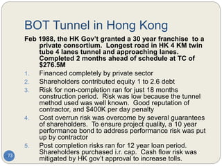 BOT Tunnel in Hong Kong
73
Feb 1988, the HK Gov’t granted a 30 year franchise to a
private consortium. Longest road in HK 4 KM twin
tube 4 lanes tunnel and approaching lanes.
Completed 2 months ahead of schedule at TC of
$276.5M
1. Financed completely by private sector
2. Shareholders contributed equity 1 to 2.6 debt
3. Risk for non-completion ran for just 18 months
construction period. Risk was low because the tunnel
method used was well known. Good reputation of
contractor, and $400K per day penalty
4. Cost overrun risk was overcome by several guarantees
of shareholders. To ensure project quality, a 10 year
performance bond to address performance risk was put
up by contractor
5. Post completion risks ran for 12 year loan period.
Shareholders purchased i.r. cap. Cash flow risk was
mitigated by HK gov’t approval to increase tolls.
 