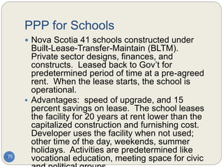 PPP for Schools
75
 Nova Scotia 41 schools constructed under
Built-Lease-Transfer-Maintain (BLTM).
Private sector designs, finances, and
constructs. Leased back to Gov’t for
predetermined period of time at a pre-agreed
rent. When the lease starts, the school is
operational.
 Advantages: speed of upgrade, and 15
percent savings on lease. The school leases
the facility for 20 years at rent lower than the
capitalized construction and furnishing cost.
Developer uses the facility when not used;
other time of the day, weekends, summer
holidays. Activities are predetermined like
vocational education, meeting space for civic
 