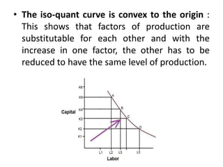 • The iso-quant curve is convex to the origin :
This shows that factors of production are
substitutable for each other and with the
increase in one factor, the other has to be
reduced to have the same level of production.
 