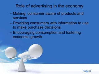 Role of advertising in the economy Making  consumer aware of products and services Providing consumers with information to use to make purchase decisions Encouraging consumption and fostering economic growth 