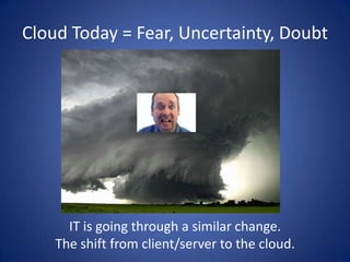 Cloud Today = Fear, Uncertainty, DoubtIT is going through a similar change. The shift from client/server to the cloud.