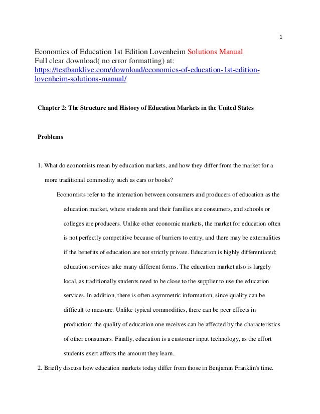 Economics of education 1st edition lovenheim solutions manual