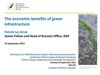 1Webinar series. Module 4. 7th June 2013
The economic benefits of green
infrastructure
Patrick ten Brink
Senior Fellow and Head of Brussels Office, IEEP
24 September 2013
Meeting the EU 2020 Biodiversity Targets: Mainstreaming Conservation
Conference of the European Parliament Intergroup
“Climate Change, Biodiversity and Sustainable Development”
Tuesday 24 September 2013
ASP 3E2
European Parliament, Brussels
 
