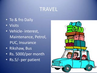 TRAVELTo & fro DailyVisitsVehicle- interest,     Maintenance, Petrol,    PUC, InsuranceRikshaw, BusRs. 5000/per monthRs.5/- per patient