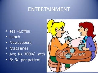 ENTERTAINMENTTea –Coffee LunchNewspapers, MagazinesAvg  Rs. 3000/-  mthRs.3/- per patient