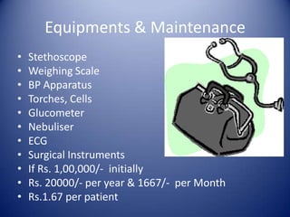Equipments & MaintenanceStethoscopeWeighing ScaleBP ApparatusTorches, CellsGlucometerNebuliserECGSurgical InstrumentsIf Rs. 1,00,000/-  initiallyRs. 20000/- per year & 1667/-  per MonthRs.1.67 per patient