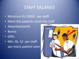 STAFF SALARIESMinimum Rs.5000/- per staffMore the patients more the staffAdvertisementsBonusGiftsMin. Rs. 5/- per staff    per every patient seen
