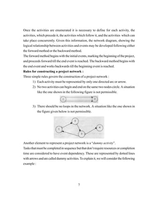 7
Once the activities are enumerated it is necessary to define for each activity, the
activities, which precede it, the activities which follow it, and the activities which can
take place concurrently. Given this information, the network diagram, showing the
logical relationship between activities and events may be developed following either
the forward method or the backward method.
The forward method begins with the initial events, marking the beginning of the project,
and proceeds forward till the end event is reached. The backward method begins with
the end event and works backwards till the beginning event is reached.
Rules for constructing a project network :
Three simple rules govern the construction of a project network :
1) Each activity must be represented by only one directed arc or arrow.
2) No two activities can begin and end on the same two nodes circle. A situation
like the one shown in the following figure is not permissible.
3) There should be no loops in the network. A situation like the one shown in
the figure given below is not permissible.
Another element to represent a project network is a “dummy activity”.
Tasks that must be completed in sequence but that don’t require resources or completion
time are considered to have event dependency. These are represented by dotted lines
witharrowsandarecalleddummyactivities.Toexplainit,wewillconsiderthefollowing
example :
 