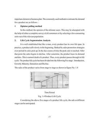 17
importantelementinbusinessplan.Thecommonlyusedmethodstoestimatethedemand
for a product are as follows. :
1 Opinion polling method
In this method, the opinion of the ultimate users. This may be attempted with
the help of either a complete survey of all customers or by selecting a few consuming
units out of the relevant population.
2. Life Cycle Segmentation Analysis
It is well established that like a man, every product has its own life span. In
practice, a product sells slowly in the beginning. Barked by sales promotion strategies
over period its sales pick up. In the due course of time the peak sale is reached. After
that point the sales begins to decline. After sometime, the product loses its demand
and dies. This is natural death of a product. Thus, every product passes through its life
cycle.Theproductlifecyclehasbeendividedintothefollowingfivestage:Introduction,
Growth, Maturity, Saturation and Decline.
The sales of the product varies from stage to stage as shown in figure No. 1.4
Time Period
Fig. 1.4 Product Life Cycle
Considering the above five stages of a product life cycle, the sale at different
stages can be anticipated.
 