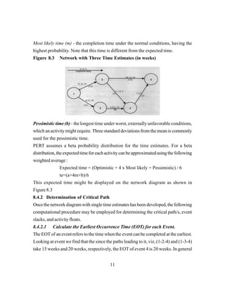 11
Most likely time (m) - the completion time under the normal conditions, having the
highest probability. Note that this time is different from the expected time.
Figure 8.3 Network with Three Time Estimates (in weeks)
Pessimistic time (b) - the longest time under worst, externally unfavorable conditions,
which an activity might require. Three standard deviations from the mean is commonly
used for the pessimistic time.
PERT assumes a beta probability distribution for the time estimates. For a beta
distribution, the expected time for each activity can be approximated using the following
weighted average :
Expected time = (Optimistic + 4 x Most likely + Pessimistic) / 6
te=(a+4m+b)/6
This expected time might be displayed on the network diagram as shown in
Figure 8.3
8.4.2 Determination of Critical Path
Once the network diagram with single time estimates has been developed, the following
computational procedure may be employed for determining the critical path/s, event
slacks, and activity floats.
8.4.2.1 Calculate the Earliest Occurrence Time (EOT) for each Event.
The EOT of an event refers to the time when the event can be completed at the earliest.
Looking at event we find that the since the paths leading to it, viz, (1-2-4) and (1-3-4)
take 15 weeks and 20 weeks, respectively, the EOT of event 4 is 20 weeks. In general
 