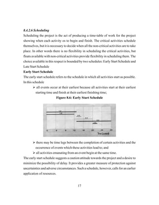 17
8.4.2.6 Scheduling
Scheduling the project is the act of producing a time-table of work for the project
showing when each activity os to begin and finish. The critical activities schedule
themselves, but it is necessary to decide when all the non-critical activities are to take
place. In other words there is no flexibility in scheduling the critical activities, but
floats available with non-critical activities provide flexibility in scheduling them. The
choice available in this respect is bounded by two schedules: Early Start Schedule and
Late Start Schedule
Early Start Schedule
The early start schedule refers to the schedule in which all activities start as possible.
In this schedule
all events occur at their earliest because all activities start at their earliest
starting time and finish at their earliest finishing time;
Figure 8.6: Early Start Schedule
there may be time legs between the completion of certain activities and the
occurrence of events which these activities lead to; and
all activities emanating from an event begin at the same time.
The early start schedule suggests a caution attitude towards the project and a desire to
minimize the possibility of delay. It provides a greater measure of protection against
uncertainties and adverse circumstances. Such a schedule, however, calls for an earlier
application of resources.
 