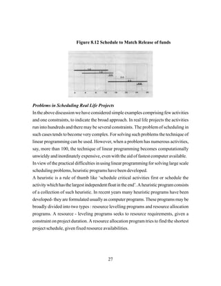 27
Figure 8.12 Schedule to Match Release of funds
Problems in Scheduling Real Life Projects
In the above discussion we have considered simple examples comprising few activities
and one constraints, to indicate the broad approach. In real life projects the activities
run into hundreds and there may be several constraints. The problem of scheduling in
such cases tends to become very complex. For solving such problems the technique of
linear programming can be used. However, when a problem has numerous activities,
say, more than 100, the technique of linear programming becomes computationally
unwieldy and inordinately expensive, even with the aid of fastest computer available.
In view of the practical difficulties in using linear programming for solving large scale
scheduling problems, heuristic programs have been developed.
A heuristic is a rule of thumb like ‘schedule critical activities first or schedule the
activity which has the largest independent float in the end’. A heuristic program consists
of a collection of such heuristic. In recent years many heuristic programs have been
developed- they are formulated usually as computer programs. These programs may be
broadly divided into two types : resource levelling programs and resource allocation
programs. A resource - leveling programs seeks to resource requirements, given a
constraint on project duration. A resource allocation program tries to find the shortest
project schedule, given fixed resource availabilities.
 