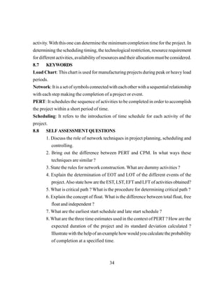 34
activity. With this one can determine the minimum completion time for the project. In
determining the scheduling timing, the technological restriction, resource requirement
for different activities, availability of resources and their allocation must be considered.
8.7 KEYWORDS
Load Chart: This chart is used for manufacturing projects during peak or heavy load
periods.
Network: It is a set of symbols connected with each other with a sequential relationship
with each step making the completion of a project or event.
PERT: It schedules the sequence of activities to be completed in order to accomplish
the project within a short period of time.
Scheduling: It refers to the introduction of time schedule for each activity of the
project.
8.8 SELFASSESSMENTQUESTIONS
1. Discuss the role of network techniques in project planning, scheduling and
controlling.
2. Bring out the difference between PERT and CPM. In what ways these
techniques are similar ?
3. State the rules for network construction. What are dummy activities ?
4. Explain the determination of EOT and LOT of the different events of the
project.Also state how are the EST, LST, EFTand LFTof activities obtained?
5. What is critical path ? What is the procedure for determining critical path ?
6. Explain the concept of float. What is the difference between total float, free
float and independent ?
7. What are the earliest start schedule and late start schedule ?
8. What are the three time estimates used in the context of PERT ? How are the
expected duration of the project and its standard deviation calculated ?
Illustrate with the help of an example how would you calculate the probability
of completion at a specified time.
 