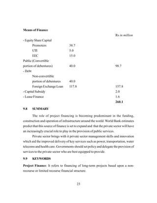 23
Means of Finance
Rs in million
- Equity Share Capital
Promoters 38.7
UTI 5.0
EEC 15.0
Public (Convertible
portion of debentures) 40.0 98.7
- Debt
Non-convertible
portion of debentures 40.0
Foreign Exchange Loan 117.8 157.8
- Capital Subsidy 2.0
- Lease Finance 1.6
260.1
9.8 SUMMARY
The role of project financing is becoming predominant in the funding,
construction and operation of infrastructure around the world. World Bank estimates
predict that this source of finance is set to expand and that the private sector will have
an increasingly crucial role to play in the provision of public services.
Private sector brings with it private sector management skills and innovation
which aid the improved delivery of key services such as power, transportation, water
telecoms and health care. Governments should set policy and delegate the provision of
services to the private sector who are best equipped to provide.
9.9 KEYWORDS
Project Finance: It refers to financing of long-term projects based upon a non-
recourse or limited recourse financial structure.
 