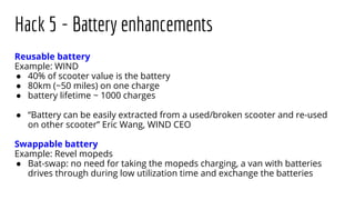 Hack 5 - Battery enhancements
Reusable battery
Example: WIND
● 40% of scooter value is the battery
● 80km (~50 miles) on one charge
● battery lifetime ~ 1000 charges
● “Battery can be easily extracted from a used/broken scooter and re-used
on other scooter” Eric Wang, WIND CEO
Swappable battery
Example: Revel mopeds
● Bat-swap: no need for taking the mopeds charging, a van with batteries
drives through during low utilization time and exchange the batteries
 