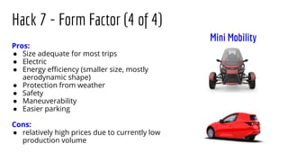 Hack 7 - Form Factor (4 of 4)
Mini Mobility
Pros:
● Size adequate for most trips
● Electric
● Energy eﬃciency (smaller size, mostly
aerodynamic shape)
● Protection from weather
● Safety
● Maneuverability
● Easier parking
Cons:
● relatively high prices due to currently low
production volume
 
