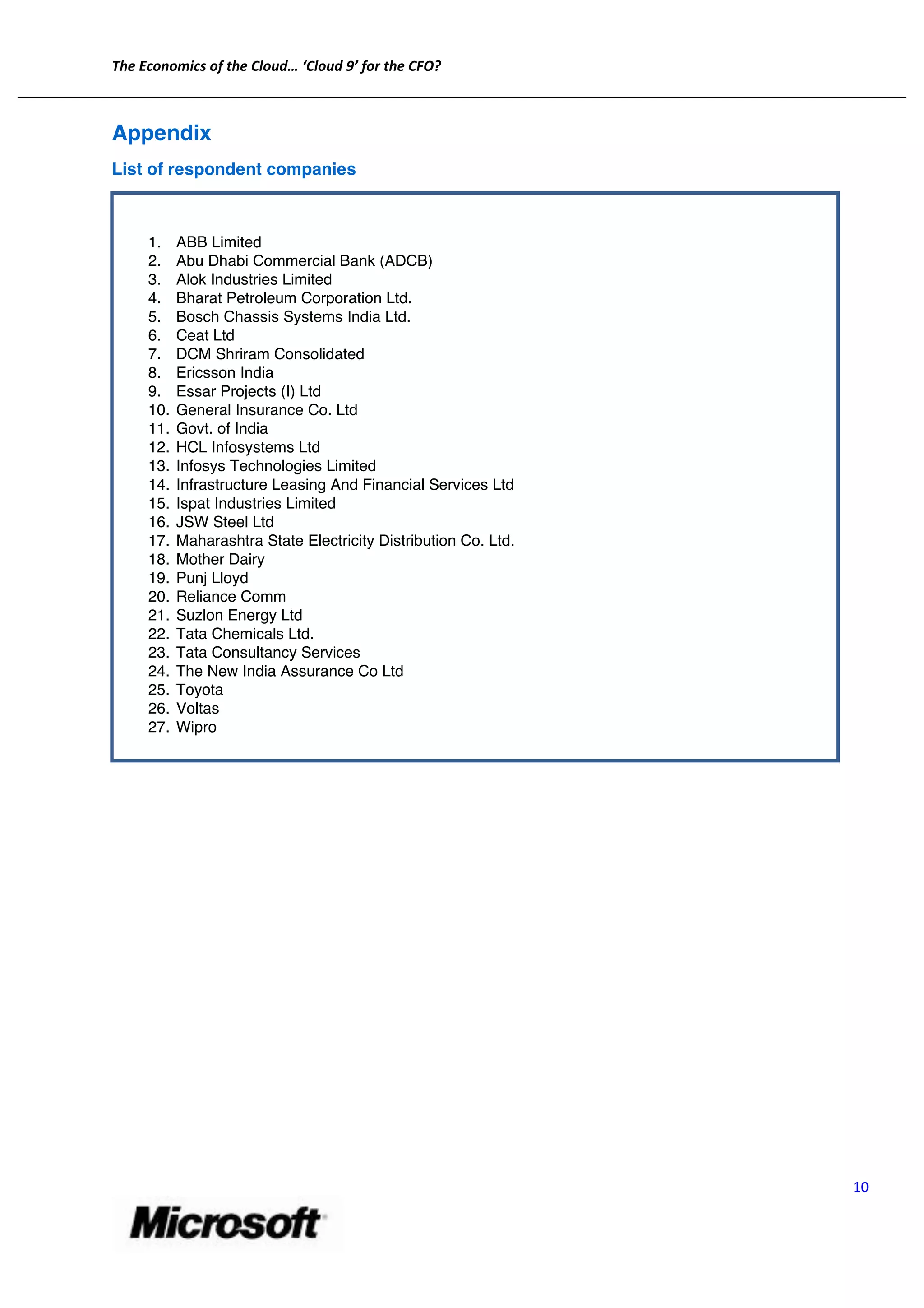 The	
  Economics	
  of	
  the	
  Cloud…	
  ‘Cloud	
  9’	
  for	
  the	
  CFO?	
  
	
  
       	
  
       Appendix
       List of respondent companies



               1.      ABB Limited
               2.      Abu Dhabi Commercial Bank (ADCB)
               3.      Alok Industries Limited
               4.      Bharat Petroleum Corporation Ltd.
               5.      Bosch Chassis Systems India Ltd.
               6.      Ceat Ltd
               7.      DCM Shriram Consolidated
               8.      Ericsson India
               9.      Essar Projects (I) Ltd
               10.     General Insurance Co. Ltd
               11.     Govt. of India
               12.     HCL Infosystems Ltd
               13.     Infosys Technologies Limited
               14.     Infrastructure Leasing And Financial Services Ltd
               15.     Ispat Industries Limited
               16.     JSW Steel Ltd
               17.     Maharashtra State Electricity Distribution Co. Ltd.
               18.     Mother Dairy
               19.     Punj Lloyd
               20.     Reliance Comm
               21.     Suzlon Energy Ltd
               22.     Tata Chemicals Ltd.
               23.     Tata Consultancy Services
               24.     The New India Assurance Co Ltd
               25.     Toyota
               26.     Voltas
               27.     Wipro
                      	
  




                                                                                           10	
  


                                                               	
  
 