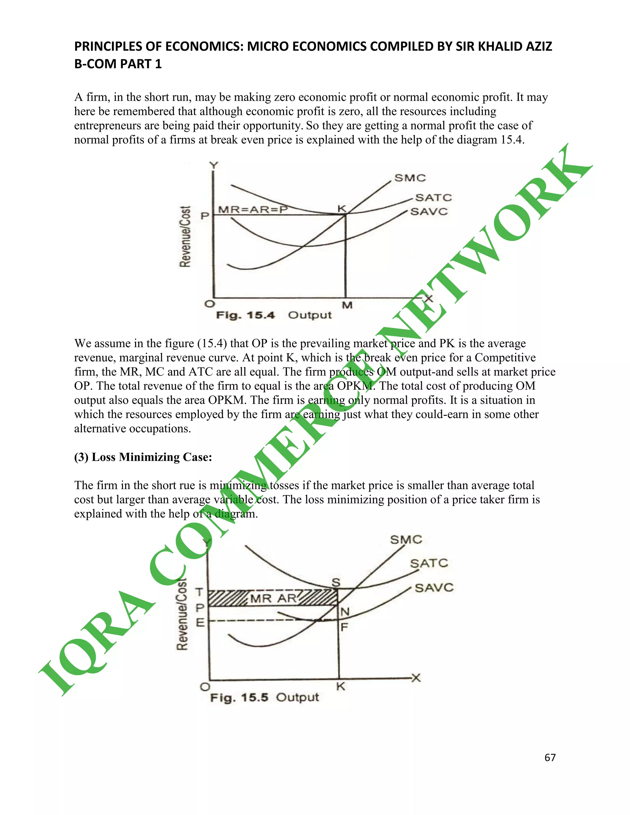 PRINCIPLES OF ECONOMICS: MICRO ECONOMICS COMPILED BY SIR KHALID AZIZ
B-COM PART 1
67
A firm, in the short run, may be making zero economic profit or normal economic profit. It may
here be remembered that although economic profit is zero, all the resources including
entrepreneurs are being paid their opportunity. So they are getting a normal profit the case of
normal profits of a firms at break even price is explained with the help of the diagram 15.4.
We assume in the figure (15.4) that OP is the prevailing market price and PK is the average
revenue, marginal revenue curve. At point K, which is the break even price for a Competitive
firm, the MR, MC and ATC are all equal. The firm produces OM output-and sells at market price
OP. The total revenue of the firm to equal is the area OPKM. The total cost of producing OM
output also equals the area OPKM. The firm is earning only normal profits. It is a situation in
which the resources employed by the firm are earning just what they could-earn in some other
alternative occupations.
(3) Loss Minimizing Case:
The firm in the short rue is minimizing tosses if the market price is smaller than average total
cost but larger than average variable cost. The loss minimizing position of a price taker firm is
explained with the help of a diagram.
IQ
R
A
C
O
M
M
ER
C
E
N
ETW
O
R
K
 