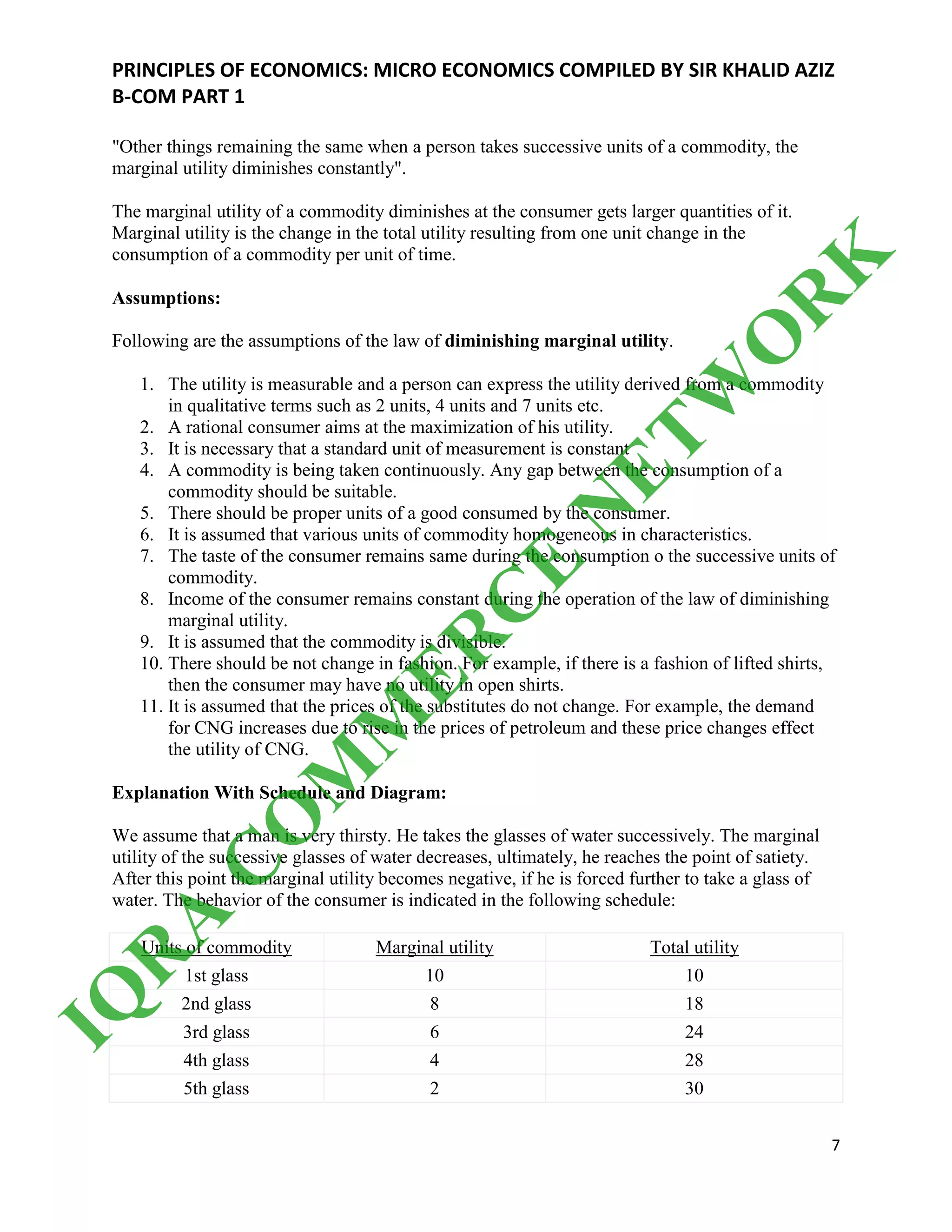 PRINCIPLES OF ECONOMICS: MICRO ECONOMICS COMPILED BY SIR KHALID AZIZ
B-COM PART 1
7
"Other things remaining the same when a person takes successive units of a commodity, the
marginal utility diminishes constantly".
The marginal utility of a commodity diminishes at the consumer gets larger quantities of it.
Marginal utility is the change in the total utility resulting from one unit change in the
consumption of a commodity per unit of time.
Assumptions:
Following are the assumptions of the law of diminishing marginal utility.
1. The utility is measurable and a person can express the utility derived from a commodity
in qualitative terms such as 2 units, 4 units and 7 units etc.
2. A rational consumer aims at the maximization of his utility.
3. It is necessary that a standard unit of measurement is constant
4. A commodity is being taken continuously. Any gap between the consumption of a
commodity should be suitable.
5. There should be proper units of a good consumed by the consumer.
6. It is assumed that various units of commodity homogeneous in characteristics.
7. The taste of the consumer remains same during the consumption o the successive units of
commodity.
8. Income of the consumer remains constant during the operation of the law of diminishing
marginal utility.
9. It is assumed that the commodity is divisible.
10. There should be not change in fashion. For example, if there is a fashion of lifted shirts,
then the consumer may have no utility in open shirts.
11. It is assumed that the prices of the substitutes do not change. For example, the demand
for CNG increases due to rise in the prices of petroleum and these price changes effect
the utility of CNG.
Explanation With Schedule and Diagram:
We assume that a man is very thirsty. He takes the glasses of water successively. The marginal
utility of the successive glasses of water decreases, ultimately, he reaches the point of satiety.
After this point the marginal utility becomes negative, if he is forced further to take a glass of
water. The behavior of the consumer is indicated in the following schedule:
Units of commodity Marginal utility Total utility
1st glass 10 10
2nd glass 8 18
3rd glass 6 24
4th glass 4 28
5th glass 2 30
IQ
R
A
C
O
M
M
ER
C
E
N
ETW
O
R
K
 