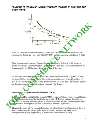 PRINCIPLES OF ECONOMICS: MICRO ECONOMICS COMPILED BY SIR KHALID AZIZ
B-COM PART 1
14
In the fig. 3.3 above as the consumer moves down from combination 1 to combination 2, the
consumer is willing to give up 4 units of good Y (∆Y) to get an additional unit of good X (∆X).
When the consumer slides down from combinations 2, 3 and 4, the length of ∆Y becomes
smaller and smaller, while the length of ∆X is remain the same. This shows that as the stock of
the consumer for good X increases, his stock of good Y decreases.
He, therefore, is willing to give less units of Y to obtain an additional unit of good X. In other
words, the MRS of good X for good Y falls as the consumer has more of good X and less of
good Y. The indifference curve IC slopes downward from left to the right. This means a negative
and diminishing rate of substitution of one commodity for the other.
Importance of Marginal Rate of Substitution (MRS):
(i) Measures utility ordinally: The concept of MRS is superior to that of utility concept because
it is more realistic and scientific than the theory of utility. It does not measure the utility of a
commodity in isolation without reference to other commodities but takes into consideration the
combination of related goods to which a consumer is interested to purchase.
(ii) A relative concept: The concept of marginal rate of substitution has the advantage that it is
relative and not absolute like the utility concept given by Marshall. It is free from any
assumptions concerning the possibility of a quantitative measurement of utility.
IQ
R
A
C
O
M
M
ER
C
E
N
ETW
O
R
K
 
