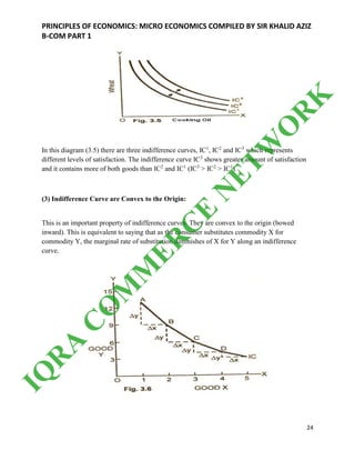 PRINCIPLES OF ECONOMICS: MICRO ECONOMICS COMPILED BY SIR KHALID AZIZ
B-COM PART 1
24
In this diagram (3.5) there are three indifference curves, IC1
, IC2
and IC3
which represents
different levels of satisfaction. The indifference curve IC3
shows greater amount of satisfaction
and it contains more of both goods than IC2
and IC1
(IC3
> IC2
> IC1
).
(3) Indifference Curve are Convex to the Origin:
This is an important property of indifference curves. They are convex to the origin (bowed
inward). This is equivalent to saying that as the consumer substitutes commodity X for
commodity Y, the marginal rate of substitution diminishes of X for Y along an indifference
curve.
IQ
R
A
C
O
M
M
ER
C
E
N
ETW
O
R
K
 