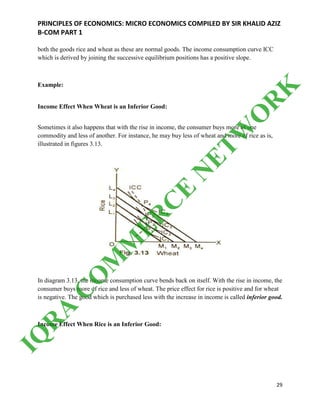 PRINCIPLES OF ECONOMICS: MICRO ECONOMICS COMPILED BY SIR KHALID AZIZ
B-COM PART 1
29
both the goods rice and wheat as these are normal goods. The income consumption curve ICC
which is derived by joining the successive equilibrium positions has a positive slope.
Example:
Income Effect When Wheat is an Inferior Good:
Sometimes it also happens that with the rise in income, the consumer buys more of one
commodity and less of another. For instance, he may buy less of wheat and more of rice as is,
illustrated in figures 3.13.
In diagram 3.13, the income consumption curve bends back on itself. With the rise in income, the
consumer buys more of rice and less of wheat. The price effect for rice is positive and for wheat
is negative. The good which is purchased less with the increase in income is called inferior good.
Income Effect When Rice is an Inferior Good:
IQ
R
A
C
O
M
M
ER
C
E
N
ETW
O
R
K
 
