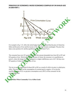 PRINCIPLES OF ECONOMICS: MICRO ECONOMICS COMPILED BY SIR KHALID AZIZ
B-COM PART 1
31
For example in fig. 3.15, AB is the initial budget line. It is assumed that the price of wheat has
fallen and the price of rice and the income of the consumer remains unchanged. The price line
takes a new position AC and the equilibrium point shifts from P to U.
The consumer buys now OT quantity of wheat (the amount demanded rises from OE to OT and
OZ quantity of rice. With further fall in the price of wheat, the consumer is in equilibrium at
point S, where the budget line AD is tangent to a higher indifference curve AC3. He buys now
OF quantity of wheat and OR quantity of rice.
The rise in amount purchased of wheat (OE to OF) as a result of a fall in its price is called price
effect. The price effect on the consumption of a normal good is negative. If we join the
equilibrium points PUS, we get price consumption curve (PCC) of the consumer for the
commodity wheat.
Price Effect When Commodity X is a Giffen Good:
IQ
R
A
C
O
M
M
ER
C
E
N
ETW
O
R
K
 