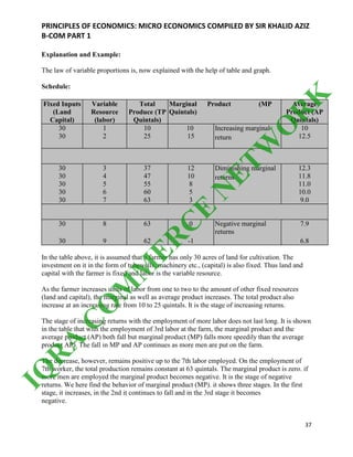 PRINCIPLES OF ECONOMICS: MICRO ECONOMICS COMPILED BY SIR KHALID AZIZ
B-COM PART 1
37
Explanation and Example:
The law of variable proportions is, now explained with the help of table and graph.
Schedule:
Fixed Inputs
(Land
Capital)
Variable
Resource
(labor)
Total
Produce (TP
Quintals)
Marginal Product (MP
Quintals)
Average
Product (AP
Quintals)
30
30
1
2
10
25
10
15
Increasing marginal
return
10
12.5
30
30
30
30
30
3
4
5
6
7
37
47
55
60
63
12
10
8
5
3
Diminishing marginal
returns
12.3
11.8
11.0
10.0
9.0
30
30
8
9
63
62
0
-1
Negative marginal
returns
7.9
6.8
In the table above, it is assumed that a farmer has only 30 acres of land for cultivation. The
investment on it in the form of tubewells, machinery etc., (capital) is also fixed. Thus land and
capital with the farmer is fixed and labor is the variable resource.
As the farmer increases units of labor from one to two to the amount of other fixed resources
(land and capital), the marginal as well as average product increases. The total product also
increase at an increasing rate from 10 to 25 quintals. It is the stage of increasing returns.
The stage of increasing returns with the employment of more labor does not last long. It is shown
in the table that with the employment of 3rd labor at the farm, the marginal product and the
average product (AP) both fall but marginal product (MP) falls more speedily than the average
product AP). The fall in MP and AP continues as more men are put on the farm.
The decrease, however, remains positive up to the 7th labor employed. On the employment of
7th worker, the total production remains constant at 63 quintals. The marginal product is zero. if
more men are employed the marginal product becomes negative. It is the stage of negative
returns. We here find the behavior of marginal product (MP). it shows three stages. In the first
stage, it increases, in the 2nd it continues to fall and in the 3rd stage it becomes
negative.
IQ
R
A
C
O
M
M
ER
C
E
N
ETW
O
R
K
 