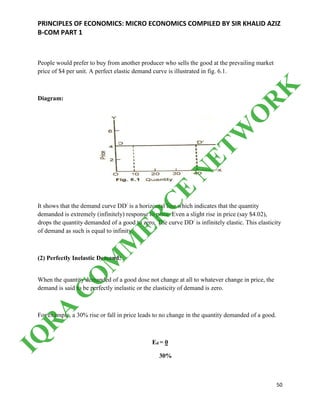 PRINCIPLES OF ECONOMICS: MICRO ECONOMICS COMPILED BY SIR KHALID AZIZ
B-COM PART 1
50
People would prefer to buy from another producer who sells the good at the prevailing market
price of $4 per unit. A perfect elastic demand curve is illustrated in fig. 6.1.
Diagram:
It shows that the demand curve DD/
is a horizontal line which indicates that the quantity
demanded is extremely (infinitely) response to price. Even a slight rise in price (say $4.02),
drops the quantity demanded of a good to zero. The curve DD/
is infinitely elastic. This elasticity
of demand as such is equal to infinity.
(2) Perfectly Inelastic Demand:
When the quantity demanded of a good dose not change at all to whatever change in price, the
demand is said to be perfectly inelastic or the elasticity of demand is zero.
For example, a 30% rise or fall in price leads to no change in the quantity demanded of a good.
Ed = 0
30%
IQ
R
A
C
O
M
M
ER
C
E
N
ETW
O
R
K
 
