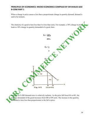 PRINCIPLES OF ECONOMICS: MICRO ECONOMICS COMPILED BY SIR KHALID AZIZ
B-COM PART 1
54
When a change in price causes a less than a proportionate change in quantity demand, demand is
said to be inelastic.
The elasticity of a good is here less than I or less than unity. For example, a 30% change in price
leads to 10% change in quantity demanded of a good, then:
Ed = 10%
30%
Ed = 1
3
Ed < 1
In figure (6.5) DD/
demand curve is relatively inelastic. As the price fall from OA to OC, the
quantity demanded of the good increases from OB to ON units. The increase in the quantity
demanded is here less than proportionate to the fall in price.
IQ
R
A
C
O
M
M
ER
C
E
N
ETW
O
R
K
 