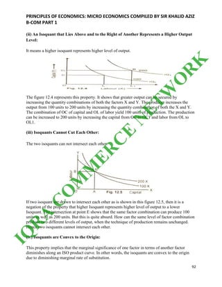 PRINCIPLES OF ECONOMICS: MICRO ECONOMICS COMPILED BY SIR KHALID AZIZ
B-COM PART 1
92
(ii) An Isoquant that Lies Above and to the Right of Another Represents a Higher Output
Level:
It means a higher isoquant represents higher level of output.
The figure 12.4 represents this property. It shows that greater output can be secured by
increasing the quantity combinations of both the factors X and Y. The producer increases the
output from 100 units to 200 units by increasing the quantity combination of both the X and Y.
The combination of OC of capital and OL of labor yield 100 units of production. The production
can be increased to 200 units by increasing the capital from OC to OC1 and labor from OL to
OL1.
(iii) Isoquants Cannot Cut Each Other:
The two isoquants can not intersect each other.
If two isoquant are drawn to intersect each other as is shown in this figure 12.5, then it is a
negation of the property that higher Isoquant represents higher level of output to a lower
Isoquant. The intersection at point E shows that the same factor combination can produce 100
units as well as 200 units. But this is quite absurd. How can the same level of factor combination
produce two different levels of output, when the technique of production remains unchanged.
Hence two isoquants cannot intersect each other.
(iv) Isoquants are Convex to the Origin:
This property implies that the marginal significance of one factor in terms of another factor
diminishes along an ISO product curve. In other words, the isoquants are convex to the origin
due to diminishing marginal rate of substitution.
IQ
R
A
C
O
M
M
ER
C
E
N
ETW
O
R
K
 