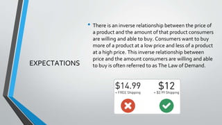 EXPECTATIONS
• There is an inverse relationship between the price of
a product and the amount of that product consumers
are willing and able to buy. Consumers want to buy
more of a product at a low price and less of a product
at a high price. This inverse relationship between
price and the amount consumers are willing and able
to buy is often referred to as The Law of Demand.
 