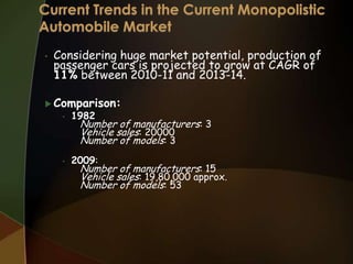 •

Considering huge market potential, production of
passenger cars is projected to grow at CAGR of
11% between 2010-11 and 2013-14.

 Comparison:
•

1982

•

2009:

Number of manufacturers: 3
Vehicle sales: 20000
Number of models: 3
Number of manufacturers: 15
Vehicle sales: 19,80,000 approx.
Number of models: 53

 