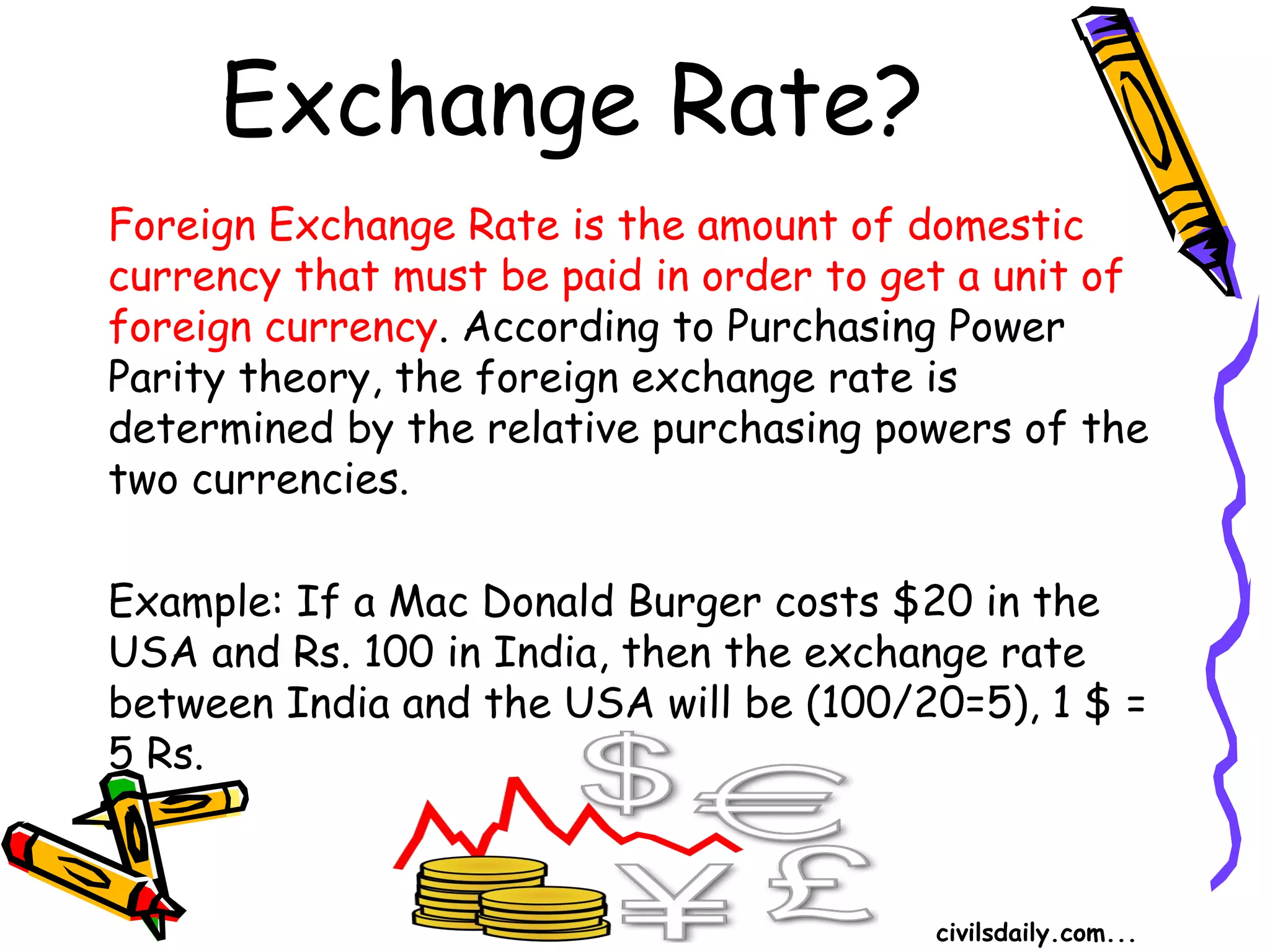 Exchange Rate?
Foreign Exchange Rate is the amount of domestic
currency that must be paid in order to get a unit of
foreign currency. According to Purchasing Power
Parity theory, the foreign exchange rate is
determined by the relative purchasing powers of the
two currencies.
Example: If a Mac Donald Burger costs $20 in the
USA and Rs. 100 in India, then the exchange rate
between India and the USA will be (100/20=5), 1 $ =
5 Rs.
civilsdaily.com...
 