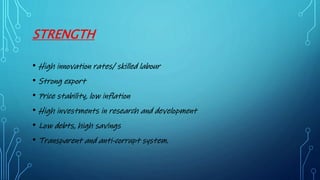 STRENGTH
• High innovation rates/ skilled labour
• Strong export
• Price stability, low inflation
• High investments in research and development
• Low debts, high savings
• Transparent and anti-corrupt system.
 