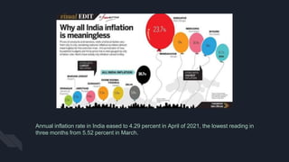 Annual inflation rate in India eased to 4.29 percent in April of 2021, the lowest reading in
three months from 5.52 percent in March.
 