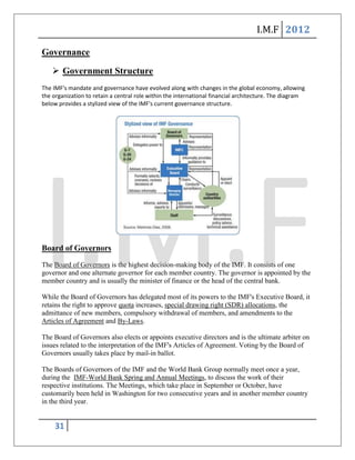 I.M.F 2012

Governance

     Government Structure
The IMF's mandate and governance have evolved along with changes in the global economy, allowing
the organization to retain a central role within the international financial architecture. The diagram
below provides a stylized view of the IMF's current governance structure.




Board of Governors
The Board of Governors is the highest decision-making body of the IMF. It consists of one
governor and one alternate governor for each member country. The governor is appointed by the
member country and is usually the minister of finance or the head of the central bank.

While the Board of Governors has delegated most of its powers to the IMF's Executive Board, it
retains the right to approve quota increases, special drawing right (SDR) allocations, the
admittance of new members, compulsory withdrawal of members, and amendments to the
Articles of Agreement and By-Laws.

The Board of Governors also elects or appoints executive directors and is the ultimate arbiter on
issues related to the interpretation of the IMF's Articles of Agreement. Voting by the Board of
Governors usually takes place by mail-in ballot.

The Boards of Governors of the IMF and the World Bank Group normally meet once a year,
during the IMF-World Bank Spring and Annual Meetings, to discuss the work of their
respective institutions. The Meetings, which take place in September or October, have
customarily been held in Washington for two consecutive years and in another member country
in the third year.


     31
 