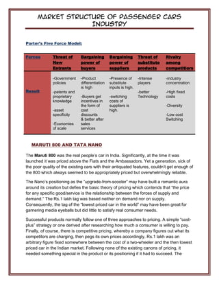 Market Structure of Passenger Cars
Industry
Porter’s Five Force Model:
Forces Threat of
New
Entrants
Bargaining
power of
buyers
Bargaining
power of
suppliers
Threat of
substitute
products
Rivalry
among
competitiors
Result
-Government
policies
-patents and
proprietary
knowledge
-asset
specificity
-Economies
of scale
-Product
differentiation
is high
-Buyers get
incentives in
the form of
cost
discounts
& better after
sales
services
-Presence of
substitute
inputs is high.
-switching
costs of
suppliers is
high.
-Intense
players
-better
Technology
-industry
concentration
-High fixed
costs
-Diversity
-Low cost
Switching
MARUTI 800 AND TATA NANO
The Maruti 800 was the real people’s car in India. Significantly, at the time it was
launched it was priced above the Fiats and the Ambassadors. Yet a generation, sick of
the poor quality of the existing cars with their antiquated features, couldn’t get enough of
the 800 which always seemed to be appropriately priced but overwhelmingly reliable.
The Nano’s positioning as the “upgrade-from-scooter” may have built a romantic aura
around its creation but defies the basic theory of pricing which contends that “the price
for any specific good/service is the relationship between the forces of supply and
demand.” The Rs.1 lakh tag was based neither on demand nor on supply.
Consequently, the tag of the “lowest priced car in the world” may have been great for
garnering media eyeballs but did little to satisfy real consumer needs.
Successful products normally follow one of three approaches to pricing. A simple “cost-
plus” strategy or one derived after researching how much a consumer is willing to pay.
Finally, of course, there is competitive pricing, whereby a company figures out what its
competitors are charging, then pegs its own prices accordingly. Rs.1 lakh was an
arbitrary figure fixed somewhere between the cost of a two-wheeler and the then lowest
priced car in the Indian market. Following none of the existing canons of pricing, it
needed something special in the product or its positioning if it had to succeed. The
 