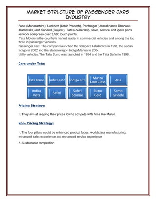 Market Structure of Passenger Cars
Industry
Pune (Maharashtra), Lucknow (Uttar Pradesh), Pantnagar (Uttarakhand), Dharwad
(Karnataka) and Sanand (Gujarat). Tata's dealership, sales, service and spare parts
network comprises over 3,500 touch points.
Tata Motors is the country's market leader in commercial vehicles and among the top
three in passenger vehicles.
Passenger cars: The company launched the compact Tata Indica in 1998, the sedan
Indigo in 2002 and the station wagon Indigo Marina in 2004.
Utility vehicles: The Tata Sumo was launched in 1994 and the Tata Safari in 1998.
Cars under Tata:
Pricing Strategy:
1. They aim at keeping their prices low to compete with firms like Maruti.
Non- Pricing Strategy:
1. The four pillars would be enhanced product focus, world class manufacturing,
enhanced sales experience and enhanced service experience
2. Sustainable competition
Tata Nano Indica eV2 Indigo eCS
Manza
Club Class
Aria
Indica
Vista
Safari
Safari
Storme
Sumo
Gold
Sumo
Grande
 
