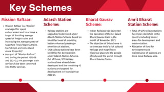 Mission Raftaar:
Mission Raftaar is a ‘Mission’
envisaged for speed
enhancement and to achieve a
target of doubling average
speed of freight trains and
increasing the average speed of
Superfast /mail/Express trains
by 25 kmph and not a stand
alone ‘Project(s)’.
As a part of “Mission Raftaar”
and during the period 2015-16
and 2021-22, 414 passenger train
services have been converted
into MEMU services.
Key Schemes
Adarsh Station
Scheme:
Railway stations are
upgraded/modernized under
Adarsh Station Scheme based on
identified need of providing
better enhanced passenger
amenities at stations.
1253 railway stations have been
identified for development
under Adarsh Station Scheme.
Out of these, 1211 railway
stations have already been
developed and the remaining 42
stations are targeted for
development in Financial Year
2022-23.
Bharat Gaurav
Scheme:
Indian Railways had launched
the operation of theme-based
Bharat Gaurav train in the
month of November 2021.
The objective of this scheme is
to showcase India’s rich cultural
heritage and magnificent
historical places to the people
of India and the world, through
Bharat Gaurav Trains.
Amrit Bharat
Station Scheme:
Total of 1275 railway stations
have been identified in the
country including border
areas for development and
modernization.
Allocation of fund for
development and
maintenance of stations are
done zonal Railway-wise.
 