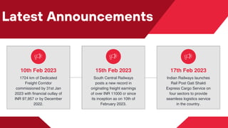 Latest Announcements
17th Feb 2023
Indian Railways launches
Rail Post Gati Shakti
Express Cargo Service on
four sectors to provide
seamless logistics service
in the country.
15th Feb 2023
South Central Railways
posts a new record in
originating freight earnings
of over INR 11000 cr since
its inception as on 10th of
February 2023.
10th Feb 2023
1724 km of Dedicated
Freight Corridor
commissioned by 31st Jan
2023 with financial outlay of
INR 97,957 cr by December
2022.
 