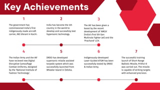 4
The Indian Army and the IAF
have recieved new Digital
Disruptive Camouflage
Combat Uniforms, designed
by the 'National Institute of
Fashion Technology'.
5
DRDO has developed
supersonic missile assisted
torpedo system which was
successfully launched from
Wheeler Island in Odisha.
7
The successful training
launch of Short-Range
Ballistic Missile, Prithvi-II
was carried out. The missile
is capable of striking targets
with enhanced precision.
6
Indigenously-developed
Laser-Guided ATGM has been
successfully tested by DRDO
& Indian Army.
Key Achievements
1
The government has
commissioned India’s first
indigenously made aircraft
carrier, INS Vikrant in Kochi.
2
India has become the 4th
country in the world to
develop and successfuly test
hypersonic technology.
3
The IAF has been given a
boost by the recent
development of 'AMCA'
(India's first 5th Gen
Multirole Fighter Jet) and the
'Prachand' LCH.
 