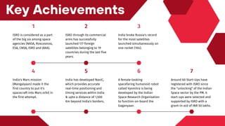 4
India's Mars mission
(Mangalyaan) made it the
first country to put it's
spacecraft into Mars orbit in
the first attempt.
5
India has developed NaviC,
which provides accurate
real-time positioning and
timing services within India
& upto a distance of 1,500
Km beyond India's borders.
7
Around 60 Start-Ups have
registered with ISRO since
the "unlocking" of the Indian
Space sector by the PM. 6
start-ups were selected and
supported by ISRO with a
grant-in-aid of INR 50 lakhs.
6
A female-looking
spacefaring humanoid robot
called Vyomitra is being
developed by the Indian
Space Research Organisation
to function on-board the
Gaganyaan.
Key Achievements
1
ISRO is considered as a part
of the big six among space
agencies (NASA, Roscosmos,
ESA, CNSA, ISRO and JAXA).
2
ISRO through its commercial
arms has successfully
launched 177 foreign
satellites belonging to 19
countries during the last five
years.
3
India broke Russia's record
for the most satellites
launched simultaneously on
one rocket (104).
 